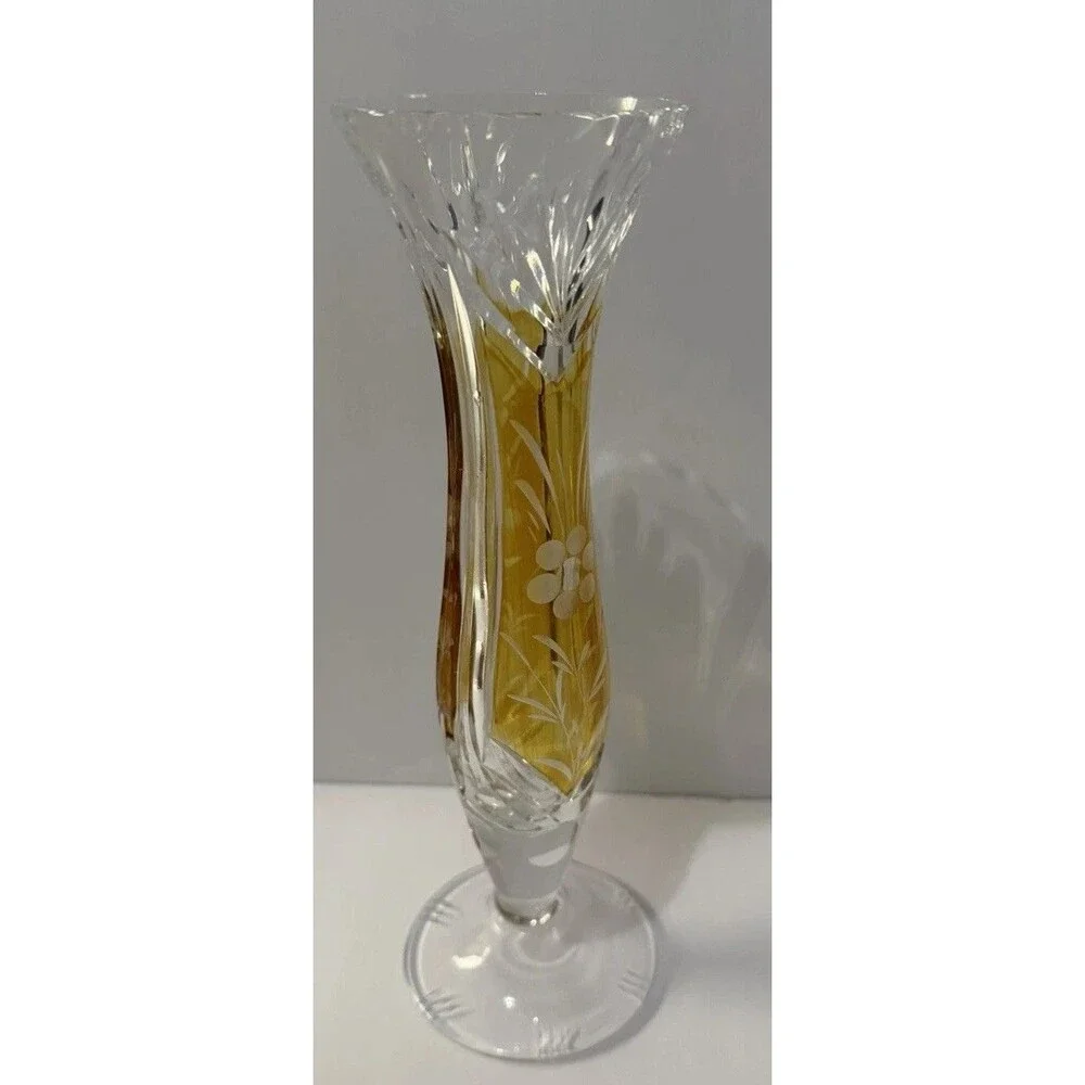 Clear & Amber Cut Glass Vase, Etched Floral Pattern, Decorative, 12 in